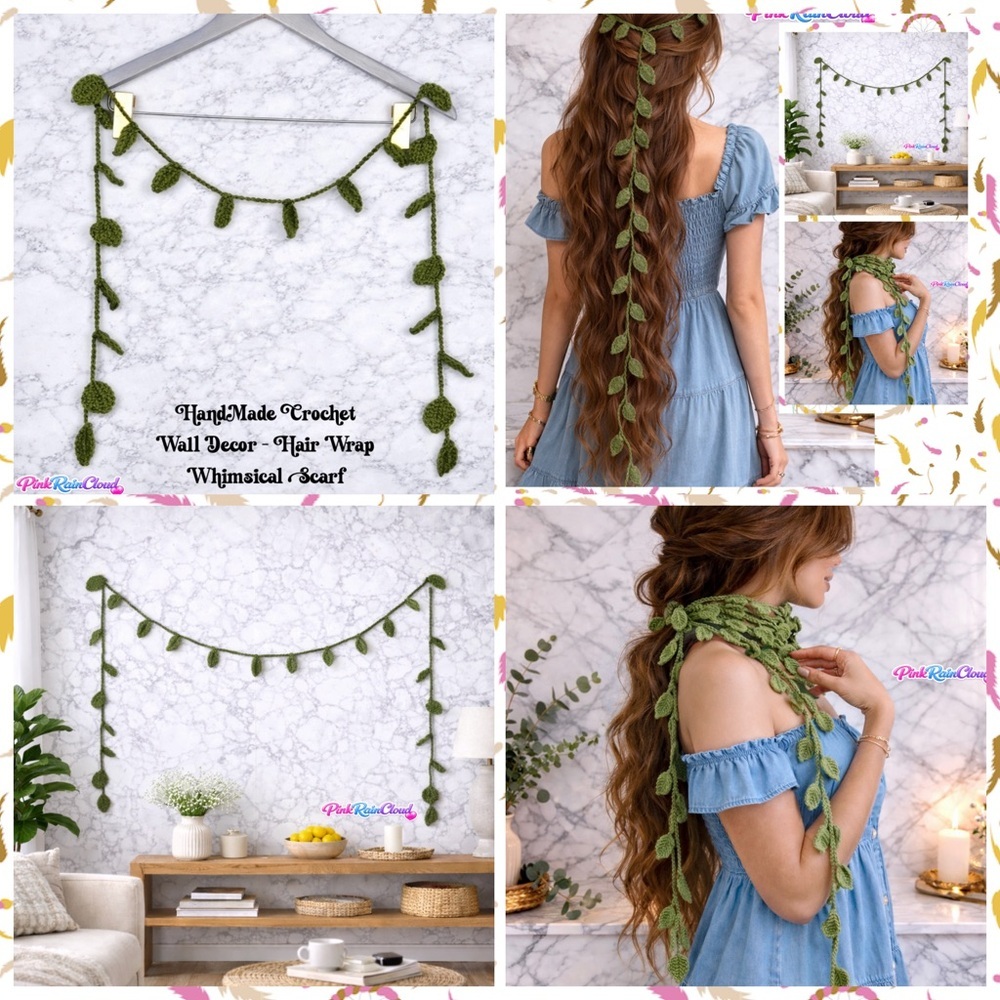 Handmade Crochet Hair Wrap Scarf Vine Garland Wall Decor 67 Inch PinkRainCloud - Picture 2 of 8